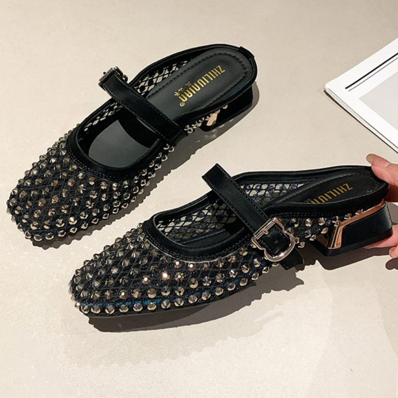 Women Shoes Sandals - Maille strass talon épais Mules pantoufles